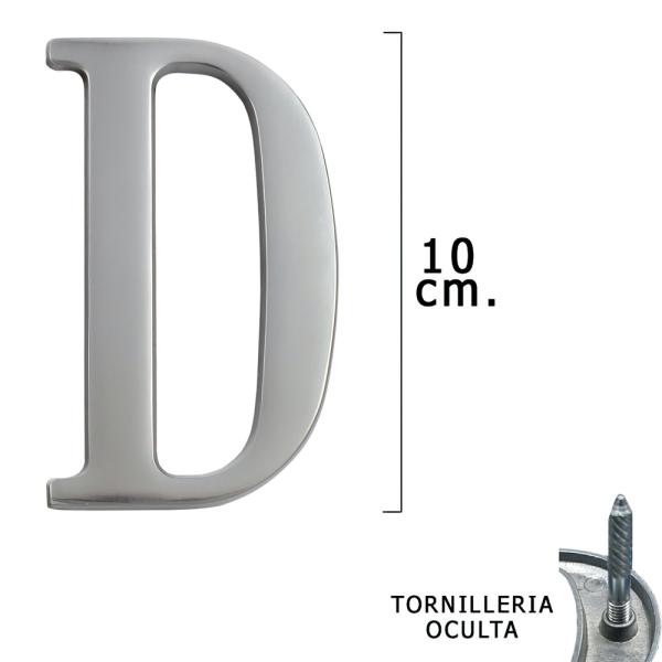 Letra Metal "D" Plateada Mate 10 cm. con Tornilleria Oculta (Blister 1 Pieza)