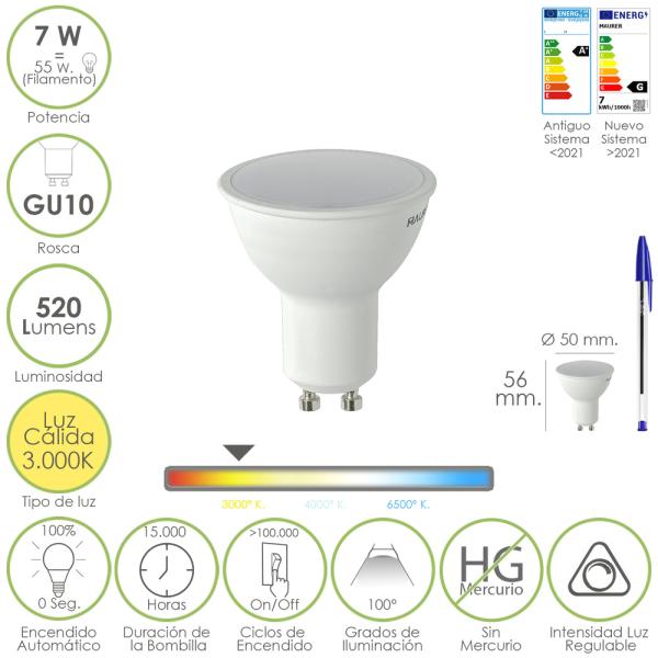 Bombilla Led Dicroica Rosca GU10.  7 Watt. Equivale A 55 Watt. 520 Lumenes. Regulable Luz Cálida (3000º K.)