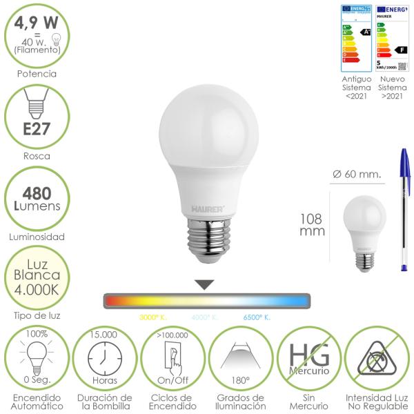 Bombilla Led Estandar Rosca E27. 4.9 Watt. Equivale A 40 Watt. 480 Lumenes. Luz Blanca (4000º K.)