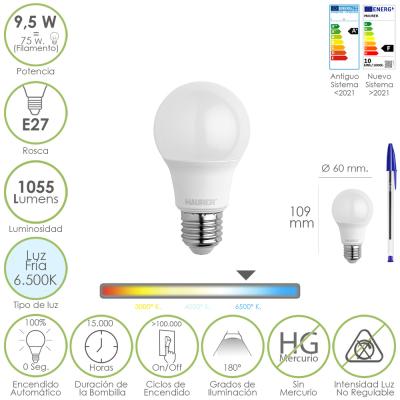 Bombilla Led Estandar Rosca E27. 9.5 Watt. Equivale A 75 Watt. 1055 Lumenes. Luz Fría (6500º K.)