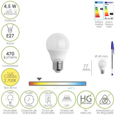 Bombilla Led Esferica Rosca E27 4.5 Watt. Equivale A 55 Watt. 470 Lumenes. Luz Cálida (2700º K.)