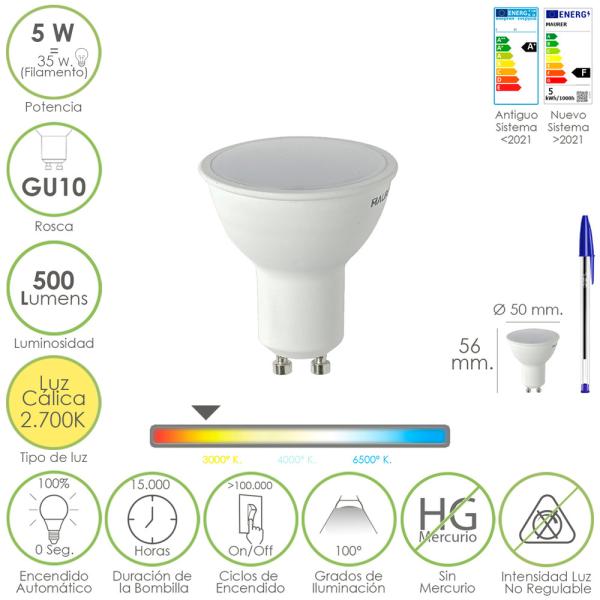 Bombilla Led Dicroica Rosca GU10. 5 Watt. Equivale A 30 Watt. 500 Lumenes. Luz Cálida (2700º K)