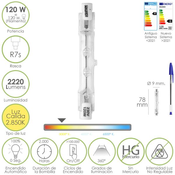 Bombilla Halogena Para Focos Rosca R7S. 120 Watt. 2220 Lumenes. Luz Cálida (2850º K)