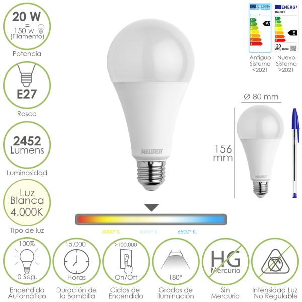 Bombilla Led Estandar Rosca E27. 20  Watt. Equivale A 150 Watt. 2452 Lumenes. Luz Neutra (4000º K.)