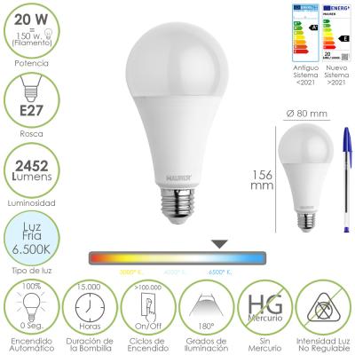 Bombilla Led Estandar Rosca E27. 20  Watt. Equivale A 150 Watt. 2452 Lumenes. Luz Fria (6500º K.)