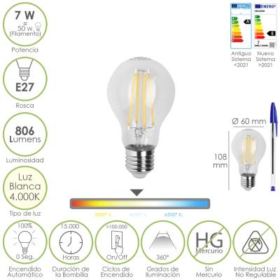 Bombilla Led Filamento Standar Rosca E27. 7 Watt. Equivale A 50 Watt. 806 Lumenes. Luz Neutra 4000º K.