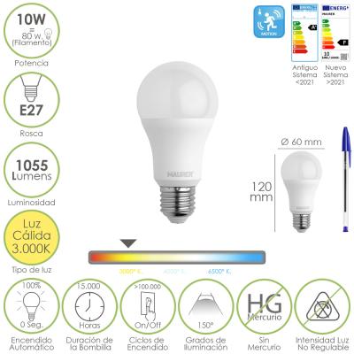 Bombilla Led Esfera Con Sensor Movimiento Rosca E27. 10 Watt. Equivale A 80 Watt. 1055 Lumenes. Luz Calida 3000º K.