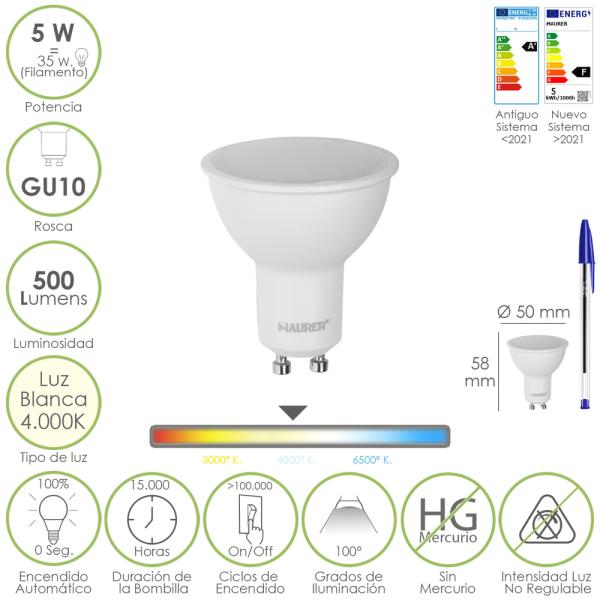 Bombilla Led Dicroica Rosca GU10. 5 Watt. Equivale A 35 Watt. 500 Lumenes. Luz Neutra 4000º K